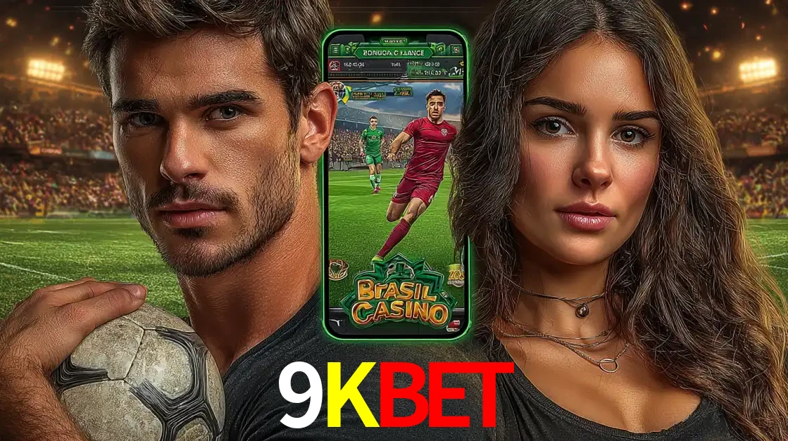 Homem segurando uma bola de futebol e uma mulher ao lado de um smartphone exibindo o jogo de apostas esportivas da 9KBET. Faça seu palpite no cassino online.